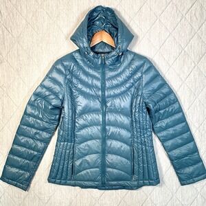 Andrew Marc Packable Womens M Lightweight Premium Down Puffer Jacket Hooded Teal